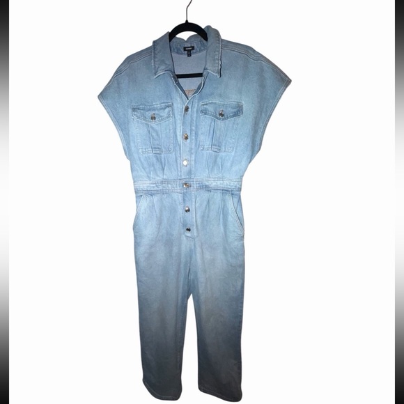 Express Denim Jumpsuit Button Front Utility Romper 90s/Y2K Minimalist One Piece - Picture 2 of 6